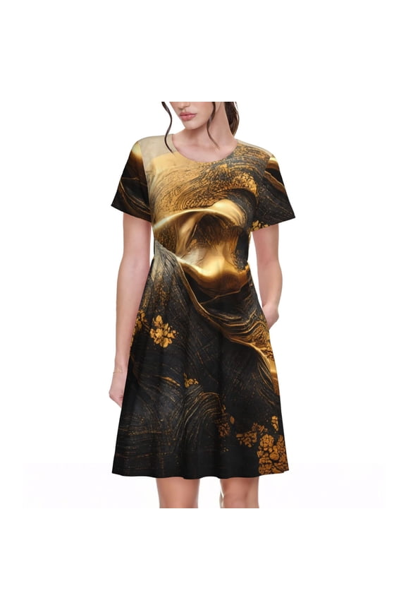 Luxurious Gold Flow for Womens Summer 2025 Casual Midi Maxi Dresses Lightweight Short Sleeve Round Neck Beach Dress -Medium
