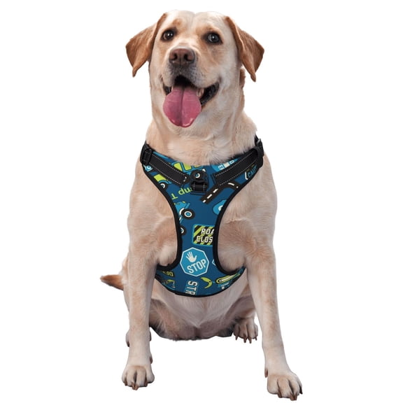 Vsdgher Machinery Road Construction Pattern Dog Harness,No Pull Pet Harness with Soft Padded Handle,Adjustable Reflective Vest with 2 Buckles,4 Slide Buckles,S-XL X-Large