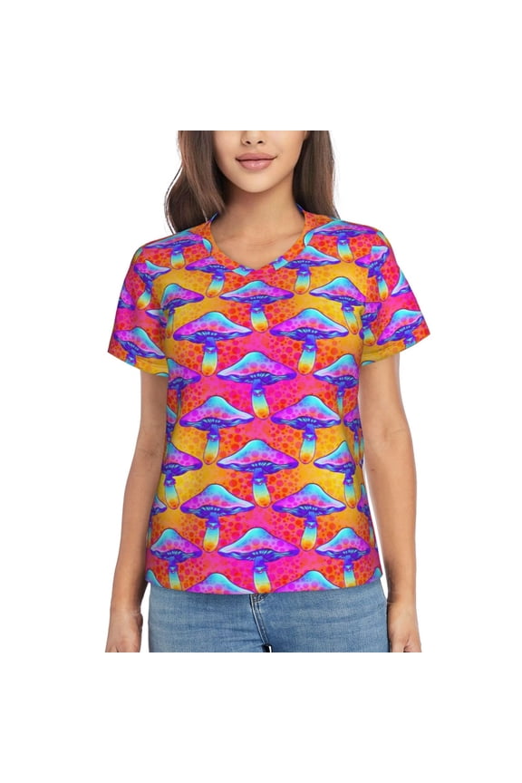Magic Mushrooms Women Shirts V Neck Short Sleeve Tops T-Shirt Basic Tees, S to 3XL3X-Large