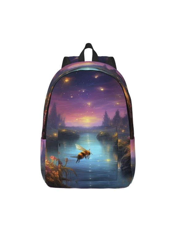 Magical Bees Twilight River Print Canvas Backpack Travel Rucksack Unisex Knapsack 15.7/17.7Inch Laptop Backpack for Work,College -Medium