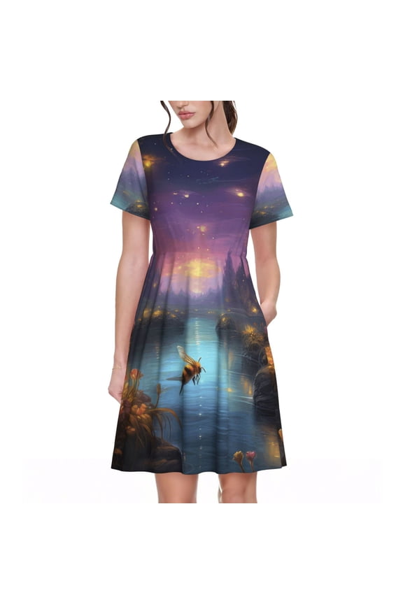Magical Bees Twilight River for Womens Summer 2025 Casual Midi Maxi Dresses Lightweight Short Sleeve Round Neck Beach Dress -3X-Large