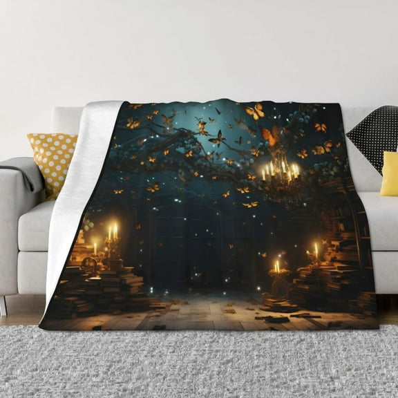 Vsdgher Magical Library Butterfly Night Pattern Fleece Throw Blanket, Horizontal Fleece Bedding Home Decor for Couch & Bed All Season Use -60"x50"