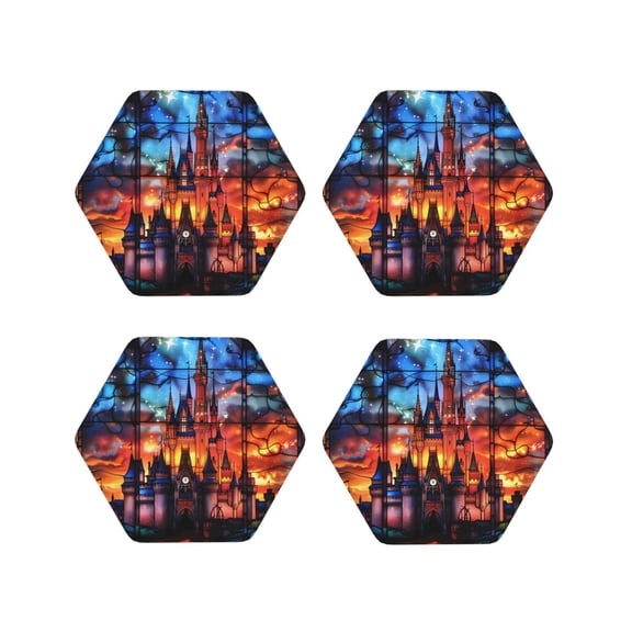 Vsdgher Magical Stained Glass Castle Leather Coasters for Drinks, Durable Drink Coasters 4 Set for Tabletop Protection, Luxurious Home Décor and Housewarming Gift-Hexagon