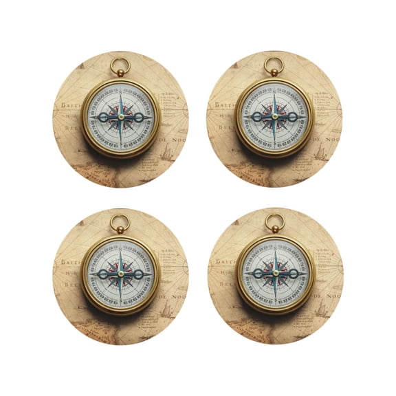 Vsdgher Magnetic Old Compass On World Map Leather Coasters for Drinks, Durable Drink Coasters 4 Set for Tabletop Protection, Luxurious Home Décor and Housewarming Gift-Round Shape