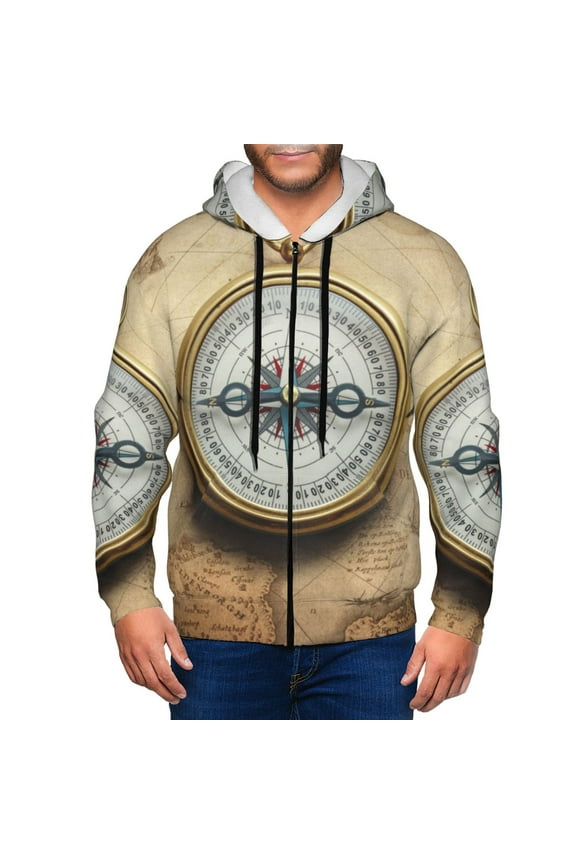 Magnetic Old Compass On World Map Mens Hoodies Zip Hoodie, Hoodies for Men, Zip-up Hooded Sweatshirt-X-Large