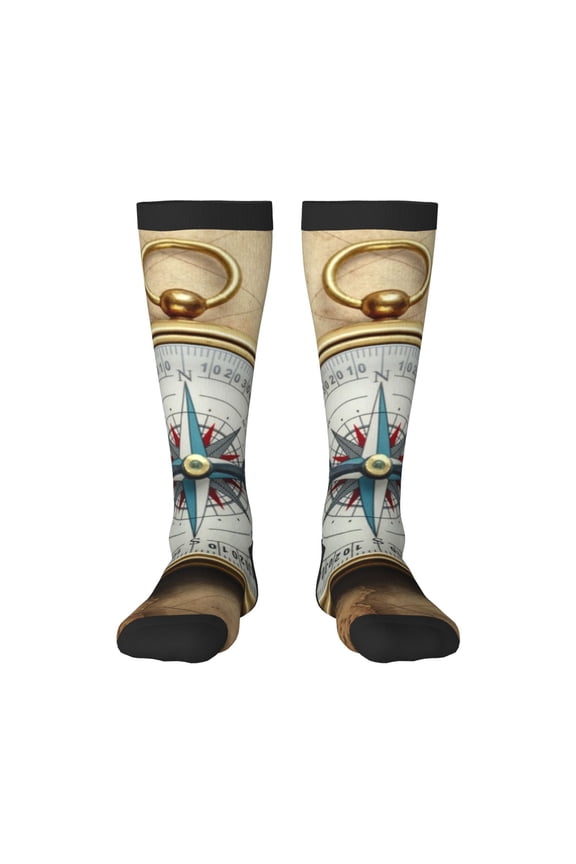 Magnetic Old Compass On World Map Knee Socks, High Socks Long Stretchy Sock Women Knee High Stocking, Long Socks for Women