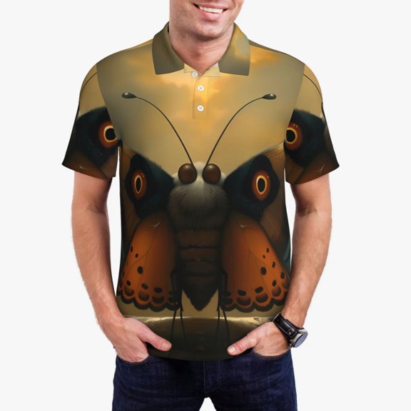 Vsdgher Majestic Butterfly Sunset Polo Shirts for Men, Men's Short Sleeve Stretch Polo Shirt, Shirts for Men-Large