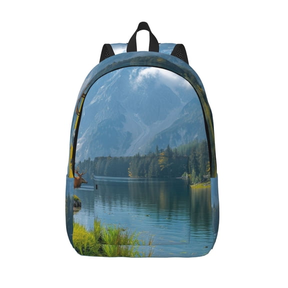 Vsdgher Majestic Deer Mountain Lake Print Canvas Backpack Travel Rucksack Unisex Knapsack 15.7/17.7Inch Laptop Backpack for Work,College -Medium