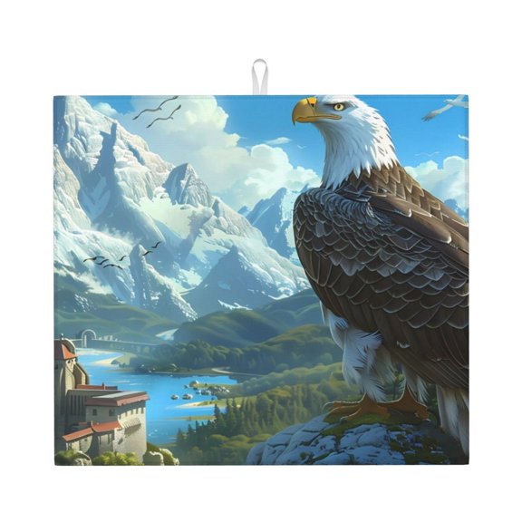 Vsdgher Majestic Eagle Over Castle Print Dish Drying Mat, Kitchen Counter Mat, Dish Drying Pad for Dishes, Utensils, Pots and Pans,16" x 18"