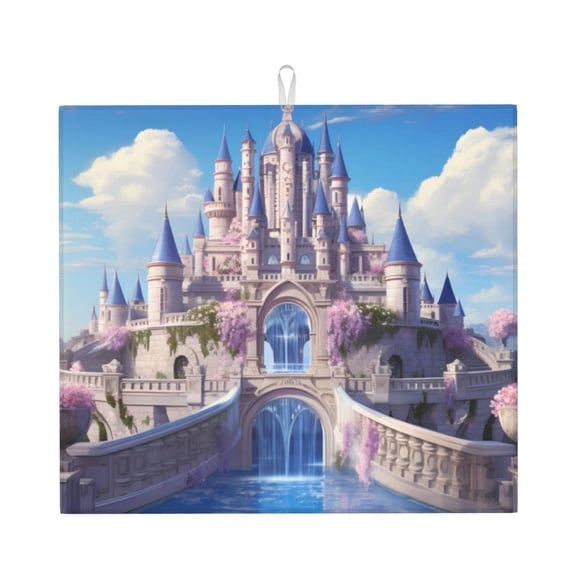 Vsdgher Majestic Fantasy Castle Print Dish Drying Mat, Kitchen Counter Mat, Dish Drying Pad for Dishes, Utensils, Pots and Pans,16" x 18"