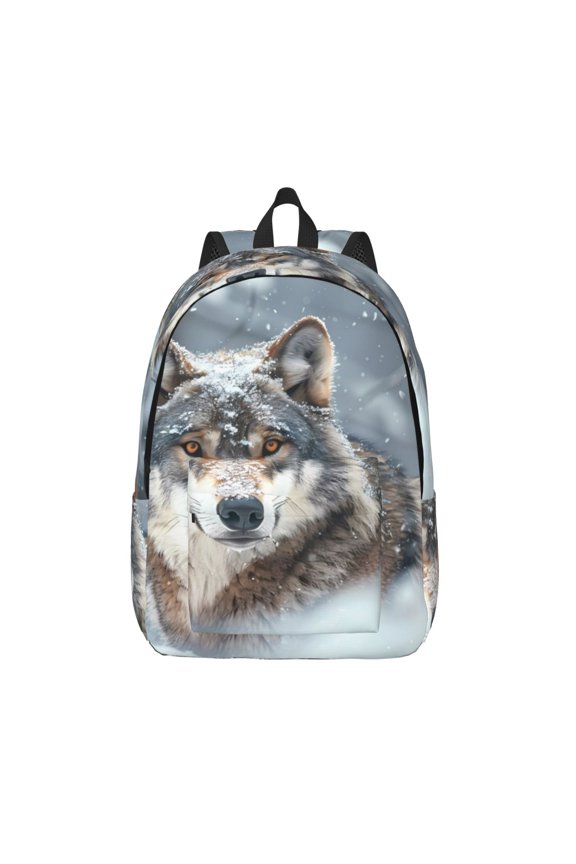 Majestic Snowy Wolf Print Canvas Backpack Travel Rucksack Unisex Knapsack 15.7/17.7Inch Laptop Backpack for Work,College -Small