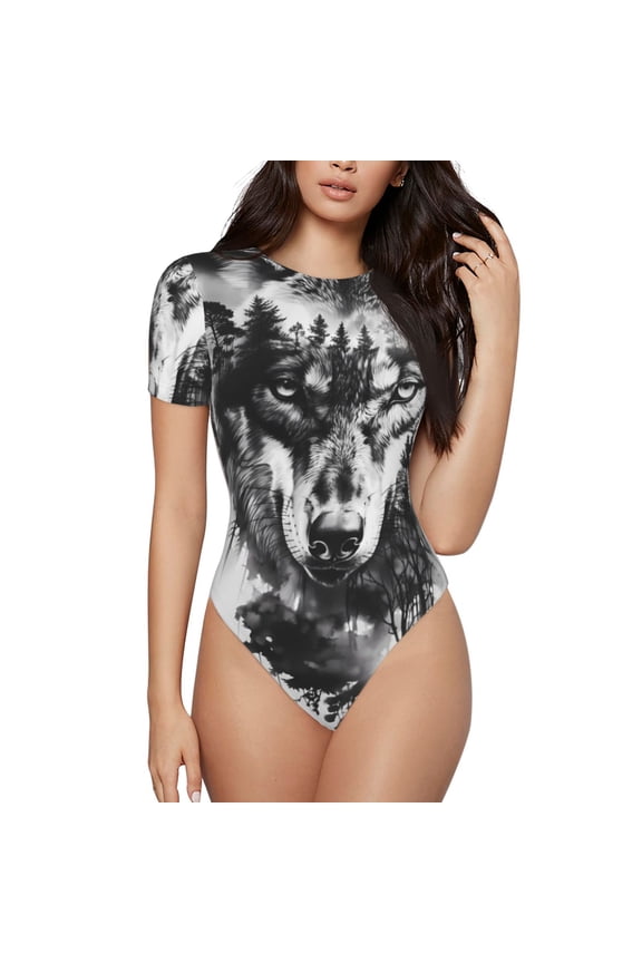 Majestic Wolf Landscape Prinr Short Sleeve Body suit for Womens, Sexy Onesie One Piece Round Neck Bodysuit Shapewear Tummy Control-Medium
