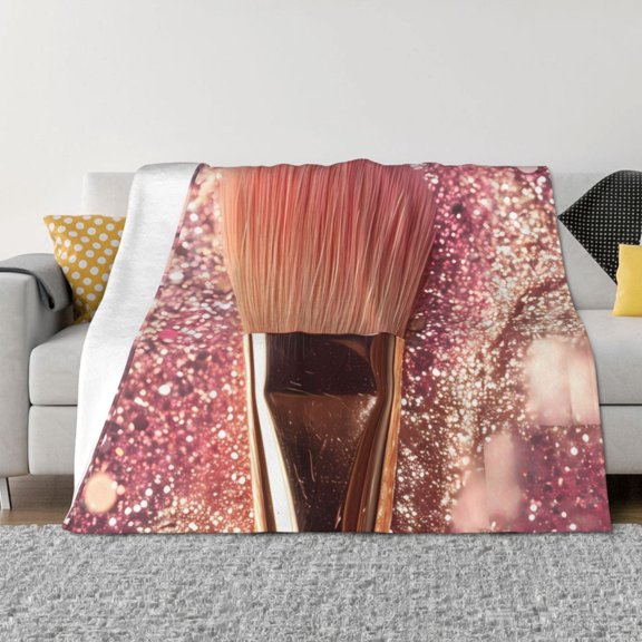Vsdgher Makeup Brush on Pink Glitter Pattern Fleece Throw Blanket, Horizontal Fleece Bedding Home Decor for Couch & Bed All Season Use -60"x50"