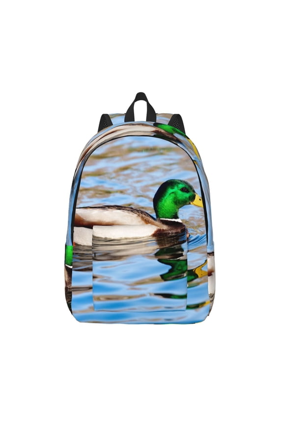 Mallard Duck Swimming In A River Print Canvas Backpack Travel Rucksack Unisex Knapsack 15.7/17.7Inch Laptop Backpack for Work,College -Small