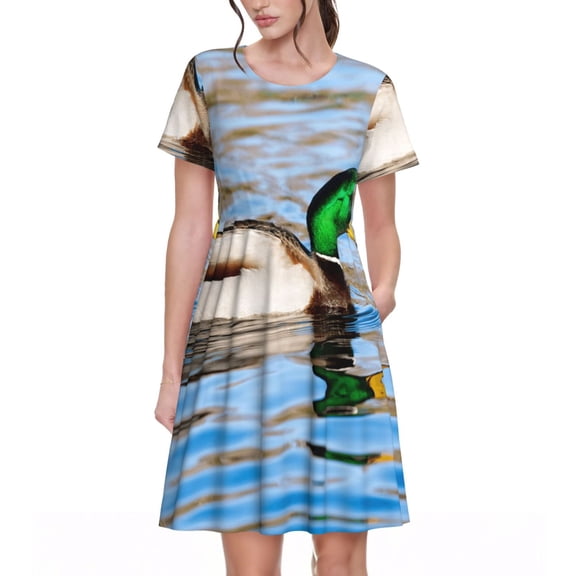 Vsdgher Mallard Duck Swimming In A River for Womens Summer 2025 Casual Midi Maxi Dresses Lightweight Short Sleeve Round Neck Beach Dress -3X-Large