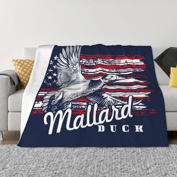 Vsdgher Mallard Duck With American Flag Pattern Fleece Throw Blanket, Horizontal Fleece Bedding Home Decor for Couch & Bed All Season Use -80"x60"