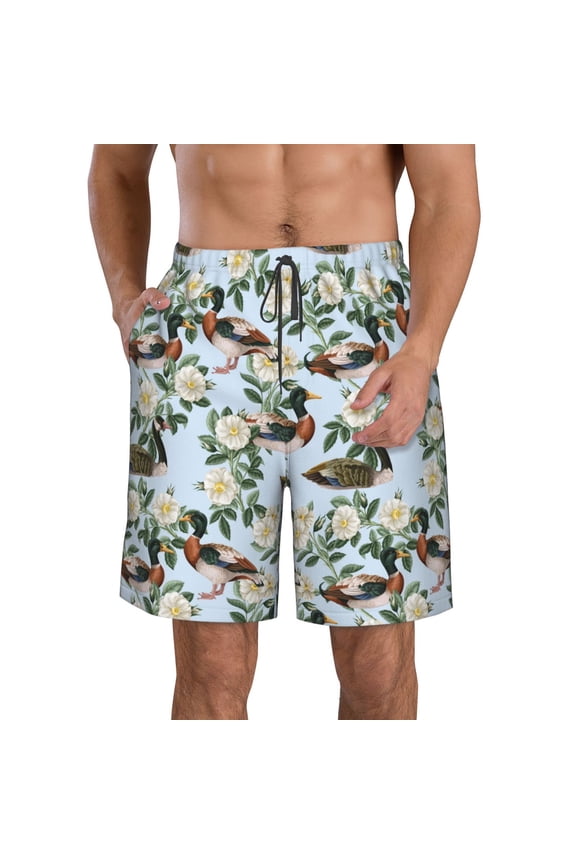 Mallard Ducks And Roses Men's Beach Shorts, Surfing shorts, Swim trunks, Quick Dry Swim Trunks for Surfing Beach Fun -