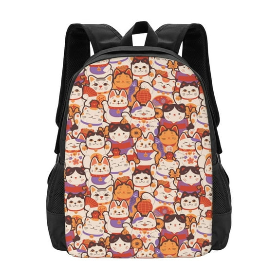 Vsdgher Maneki-Neko Cats Print Backpack for Women Men School Bookbag with Laptop Compartment for College Work Travel, Simple Fashion Casual Daypack, Fit 15" Laptop