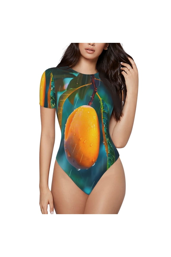 Mango In The Rain Prinr Short Sleeve Body suit for Womens, Sexy Onesie One Piece Round Neck Bodysuit Shapewear Tummy Control-Medium