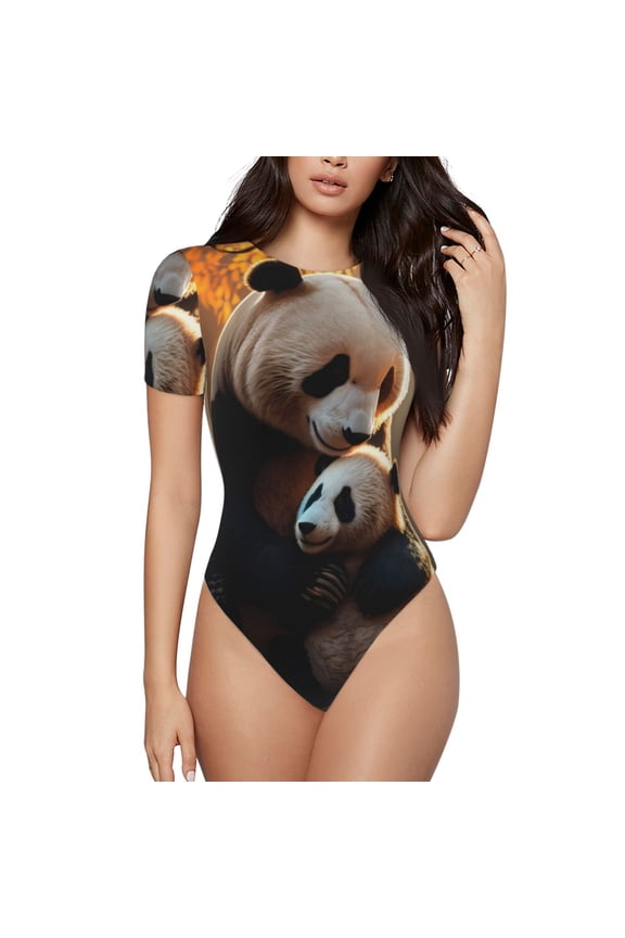 Maple Forest Panda Prinr Short Sleeve Body suit for Womens, Sexy Onesie One Piece Round Neck Bodysuit Shapewear Tummy Control-Large