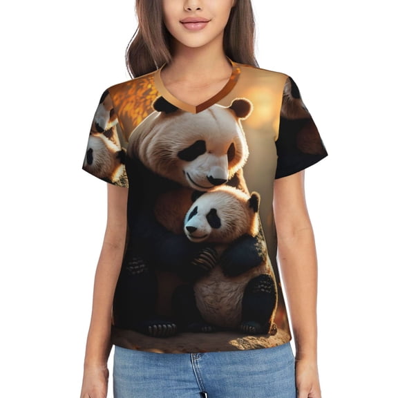 Vsdgher Maple Forest Panda Women Shirts V Neck Short Sleeve Tops T-Shirt Basic Tees, S to 3XLLarge