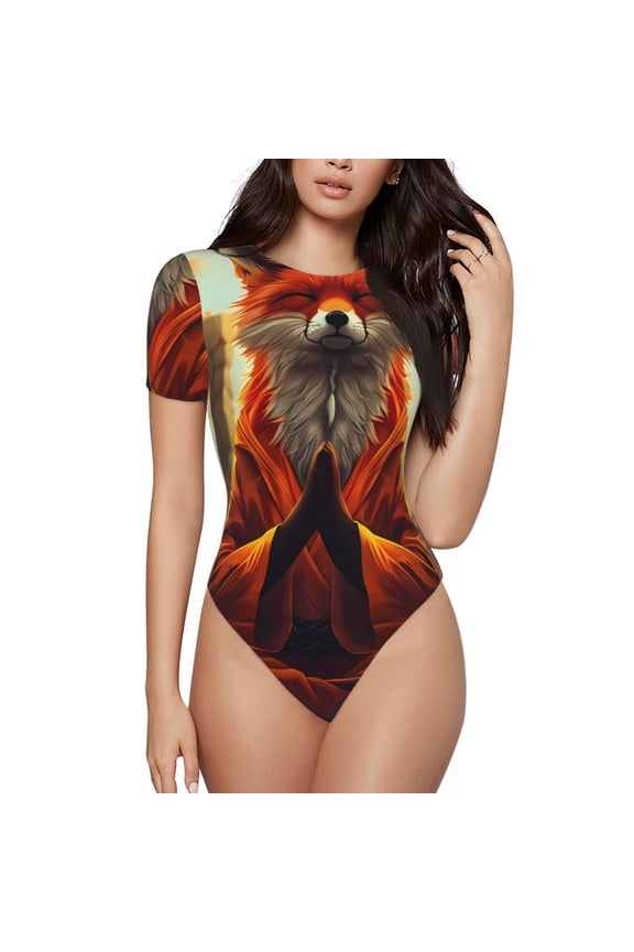 Maple Leaf Meditating Fox Prinr Short Sleeve Body suit for Womens, Sexy Onesie One Piece Round Neck Bodysuit Shapewear Tummy Control-Large