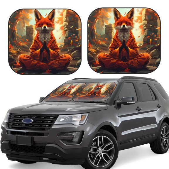 Vsdgher Maple Leaf Meditating Fox Print Car Windshield Sun Shade, Reflective Sunshade Window Sunshade Sun Visor Protector Fit for Cars,Trucks,SUVs-Small