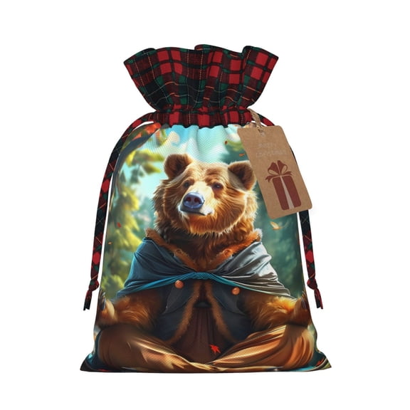 Vsdgher Maple Meditating Bear Christmas Drawstring Bags Xmas Burlap Bags Pouches Xmas Elements Wrapping Bags for Candy Goody Birthday Wedding-Black
