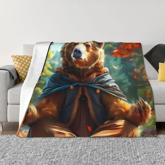 Vsdgher Maple Meditating Bear Pattern Fleece Throw Blanket, Horizontal Fleece Bedding Home Decor for Couch & Bed All Season Use -80"x60"