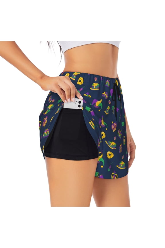 Mardi Gras Carnival Athletic Shorts for Women, Women's Running Double Layer Shorts, High Waisted Yoga Shorts, Workout Athletic Shorts-