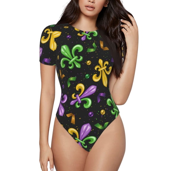 Vsdgher Mardi Gras Carnival4 Prinr Short Sleeve Body suit for Womens, Sexy Onesie One Piece Round Neck Bodysuit Shapewear Tummy Control-Large