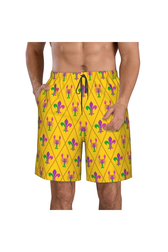 Mardi Gras Crayfish and Fleur de lis Men's Beach Shorts, Surfing shorts, Swim trunks, Quick Dry Swim Trunks for Surfing Beach Fun -Small