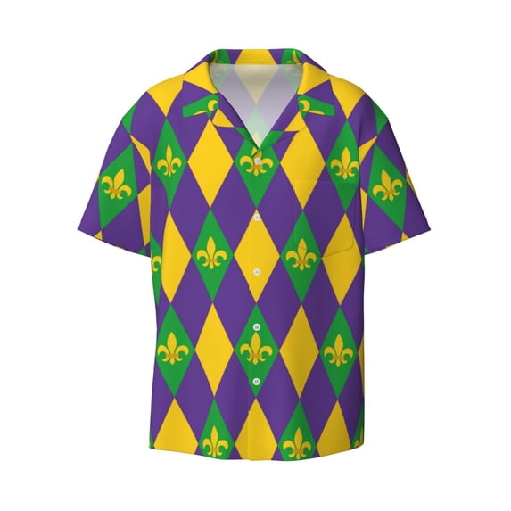 Vsdgher Mardi Gras Print Men's Wrinkle Free Untucked Cuban Shirt Business Casual Button Down Shirts Short Sleeve Shirt