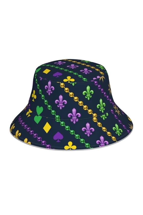 Mardi Gras Strings of Beads Print Bucket Hat for Men&Women Bucket Hat Reversible Summer Double-Side-Wear Travel Gardening, Beach, Camping, Hiking, Fishing Cap