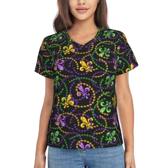Vsdgher Mardi Gras6 Women Shirts V Neck Short Sleeve Tops T-Shirt Basic Tees, S to 3XLMedium