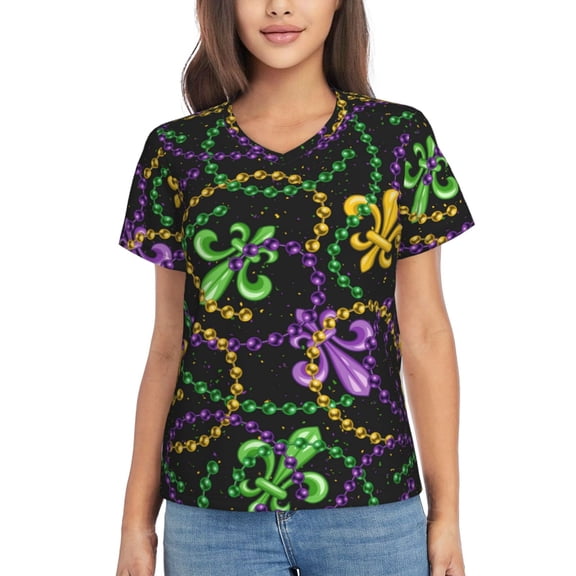 Vsdgher Mardi Gras6 Women Shirts V Neck Short Sleeve Tops T-Shirt Basic Tees, S to 3XLSmall