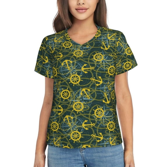 Vsdgher Marine Anchors And Compass Women Shirts V Neck Short Sleeve Tops T-Shirt Basic Tees, S to 3XLMedium