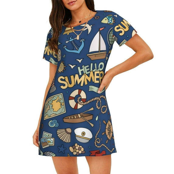 Vsdgher Marine Nautical Pattern Womens Short Sleeve Sleepshirt Scoopneck Cute Nightdress Ruffle Comfy Nightgown