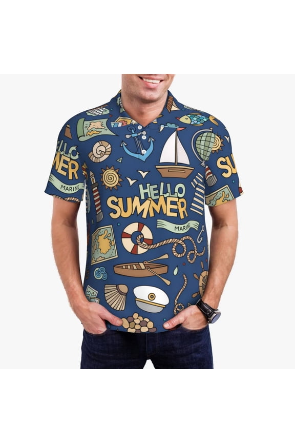 Marine Nautical Polo Shirts for Men, Men's Short Sleeve Stretch Polo Shirt, Shirts for Men-Small