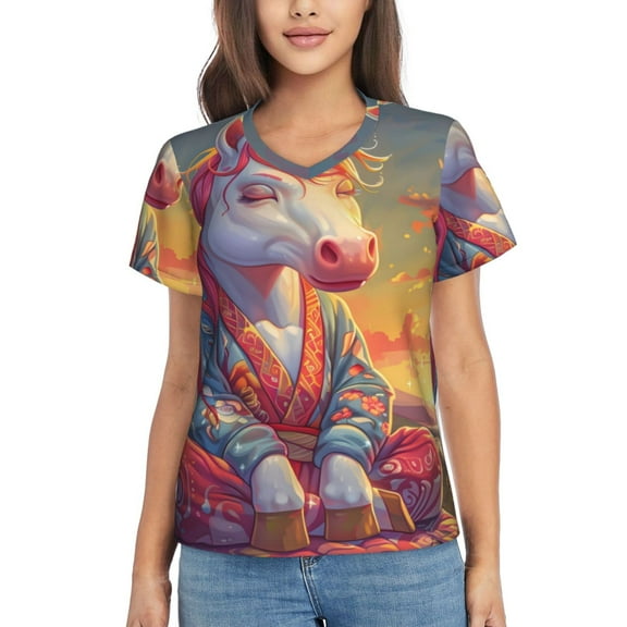 Vsdgher Meditating Cute Horse Women Shirts V Neck Short Sleeve Tops T-Shirt Basic Tees, S to 3XLMedium