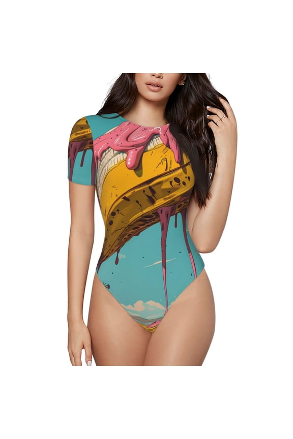 Melting Banana Fantasy Prinr Short Sleeve Body suit for Womens, Sexy Onesie One Piece Round Neck Bodysuit Shapewear Tummy Control-XX-Large