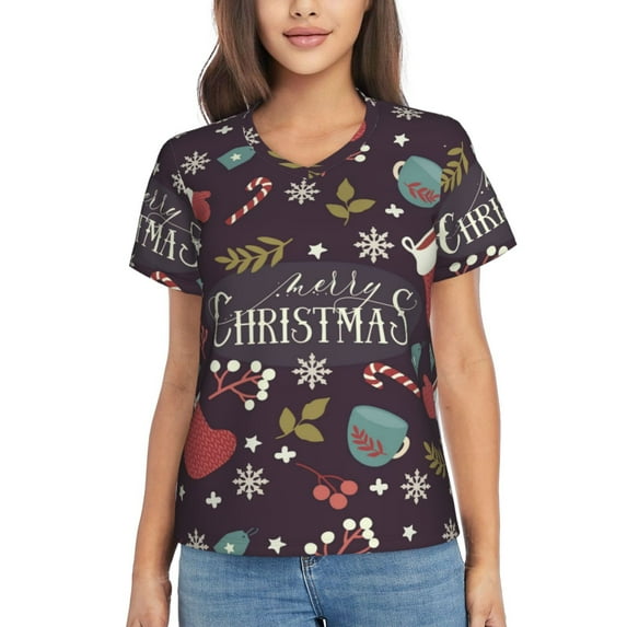 Vsdgher Merry Christmas Women Shirts V Neck Short Sleeve Tops T-Shirt Basic Tees, S to 3XLMedium