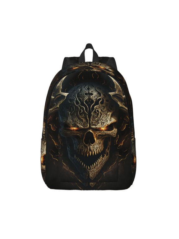 Metal Evil Skull Print Canvas Backpack Travel Rucksack Unisex Knapsack 15.7/17.7Inch Laptop Backpack for Work,College -Small