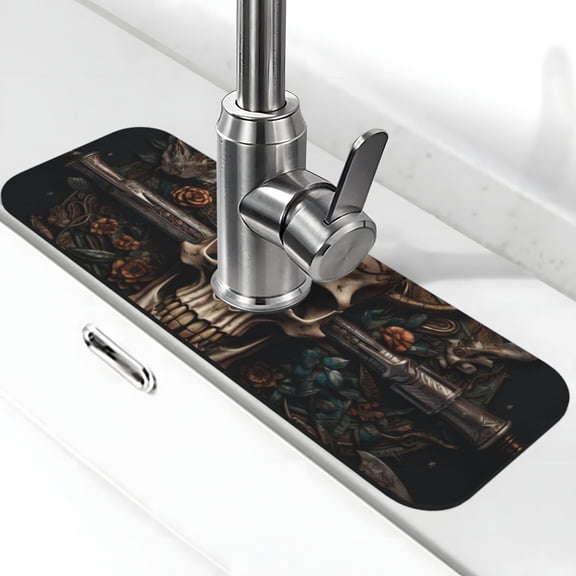 Vsdgher Metal Style Horned Skull Kitchen Sink Splash Guard Faucet Mat -1 PC Super Absorbent Fast Drying Mat Sink Gadgets-Splash, Bathroom,Sink Mat,(15" X 5.5" )