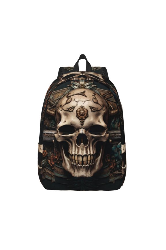 Metal Style Horned Skull Print Canvas Backpack Travel Rucksack Unisex Knapsack 15.7/17.7Inch Laptop Backpack for Work,College -Small