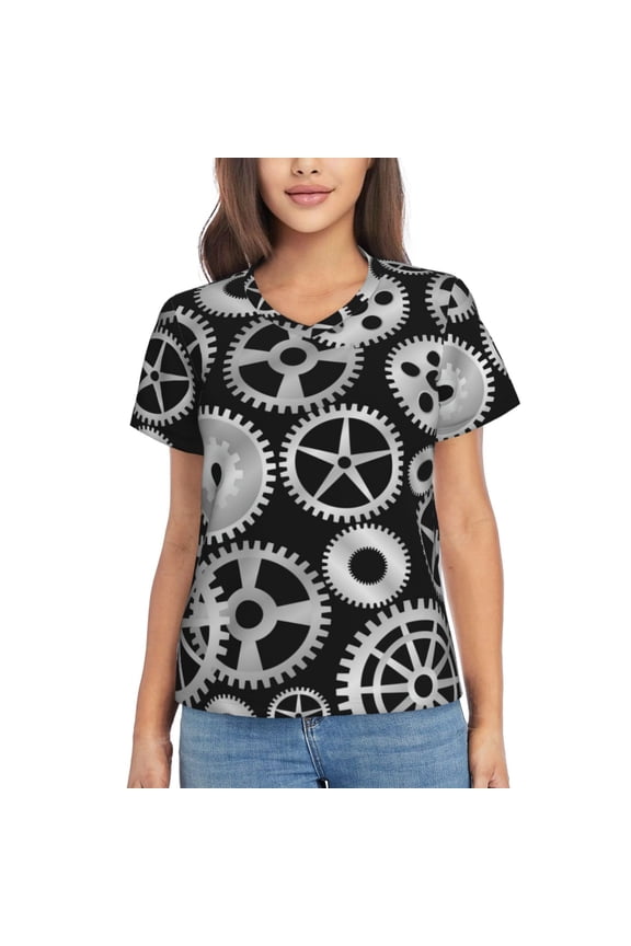 Metallic Gears Women Shirts V Neck Short Sleeve Tops T-Shirt Basic Tees, S to 3XLLarge