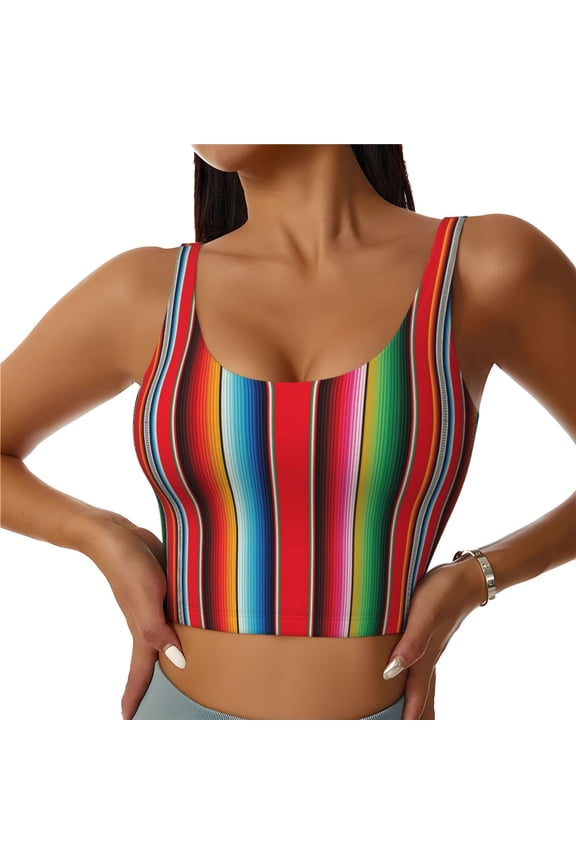 Mexican Serape Blanket Stripes Print Women Sleeveless Athletic Tank Top Built-in Bra Camisole Sports Vest for Yoga Running Fitness Exercise with Removable Pads