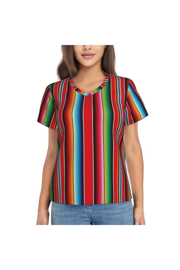 Mexican Serape Blanket Stripes Women Shirts V Neck Short Sleeve Tops T-Shirt Basic Tees, S to 3XLLarge