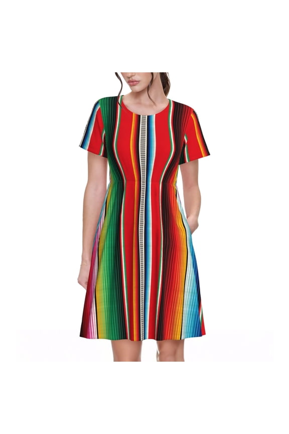 Mexican Serape Blanket Stripes for Womens Summer 2025 Casual Midi Maxi Dresses Lightweight Short Sleeve Round Neck Beach Dress -Large