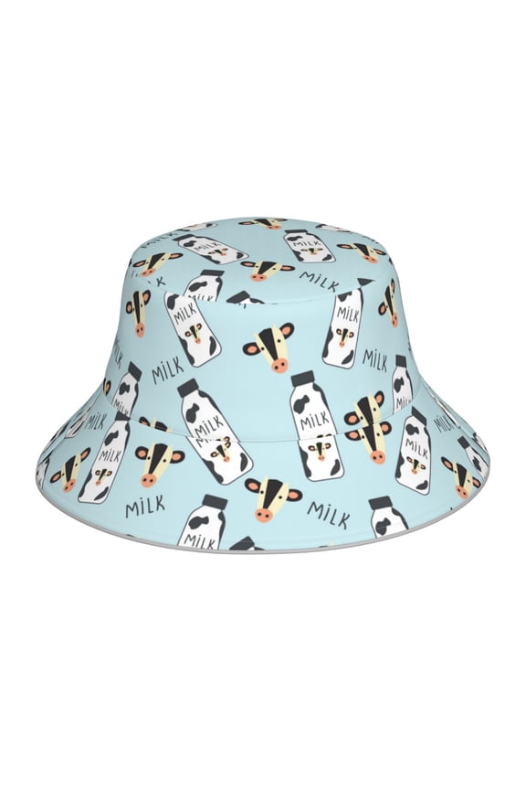 Milk Bottles And Cow Head Print Bucket Hat for Men&Women Bucket Hat Reversible Summer Double-Side-Wear Travel Gardening, Beach, Camping, Hiking, Fishing Cap